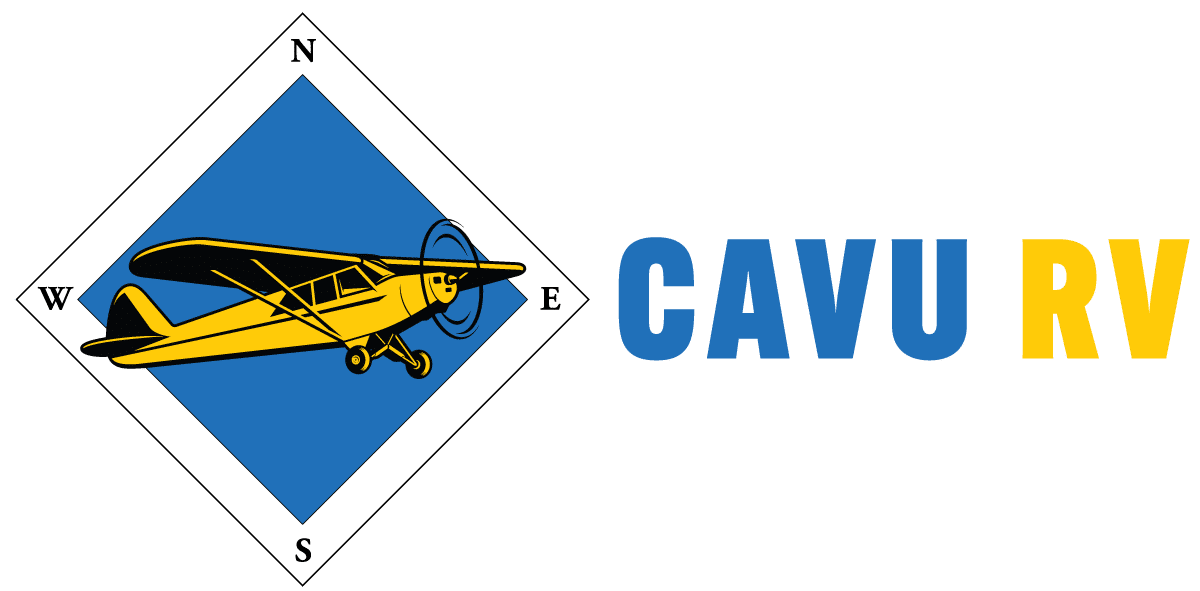 Horizontal CAVU RV logo with airplane and bold yellow-and-blue text