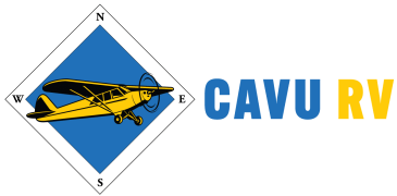 Horizontal CAVU RV logo with airplane and bold yellow-and-blue text