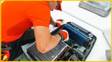 Rv technician using smart diagnostic tools for ac repair