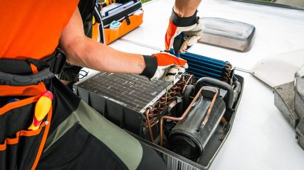 Dan repairing rooftop rv air conditioner unit for cavu rv in greenville sc