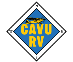 CAVU RV diamond logo with compass and yellow airplane – mobile RV repair Greenville SC