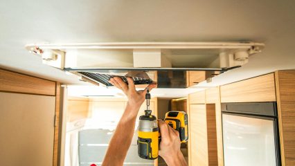 Hvac duct access panel open during rv ceiling repair – mobile rv hvac service greenville sc